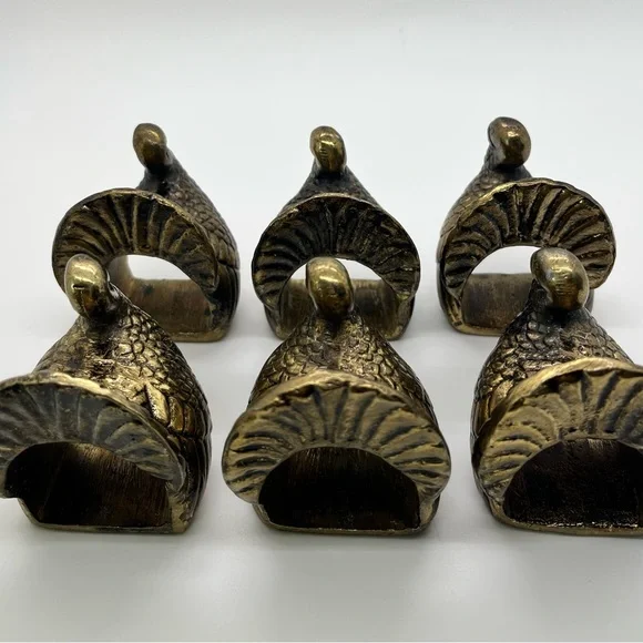 Set of 6 Vintage Brass Thanksgiving Turkey Napkin Rings Fall Harvest - Picture 4 of 4